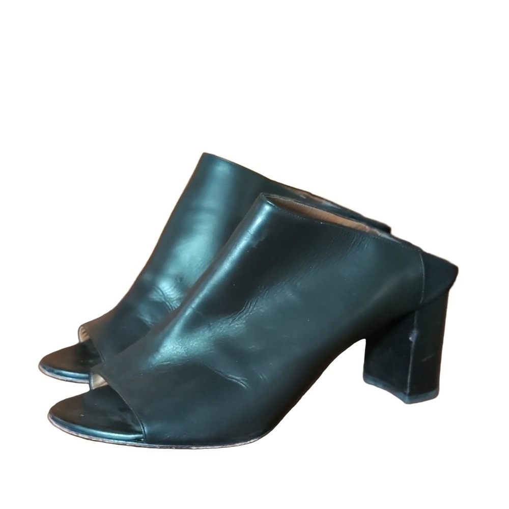 Aquatalia Black Leather Open Toe Block Heel Mules Women's Size 9 Vero Cuoio